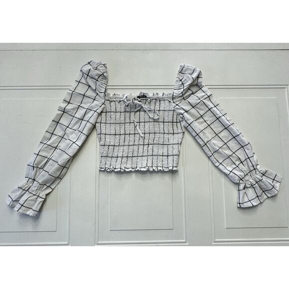 privy Tops - Privy Crop Top Square Neck Stretch Long Bell Sleeve Cropped Blouse Black White M